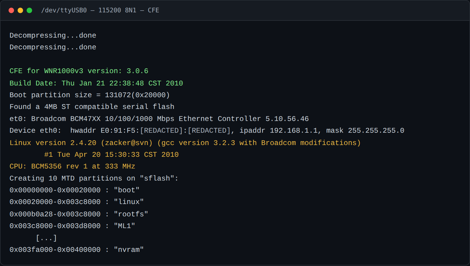 CFE boot sequence and flash partition map. Device MAC redacted.