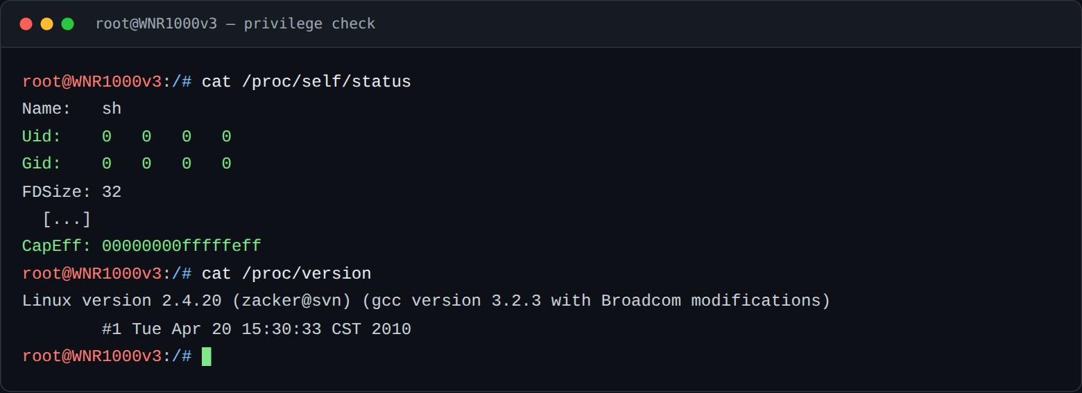UART privilege and kernel version output.