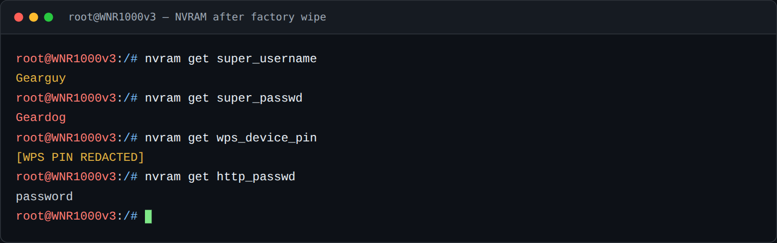 NVRAM after factory reset. Device WPS PIN redacted.